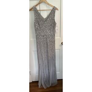 Adrianna Papell Platinum Size 10 Silver Beaded Tulle Bridesmaids Dress Formal